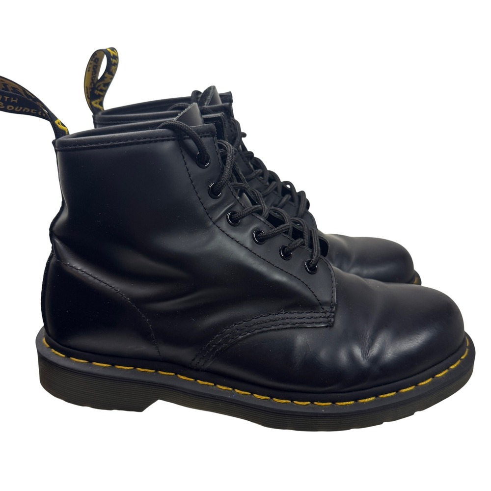 Dr. Martens Black Leather 8-Eye Lace-Up Boots with Yellow Stitching